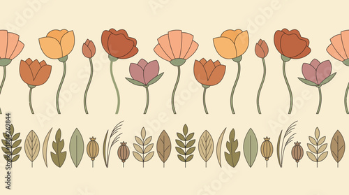 Delicate pastel floral pattern with tulip-like blossoms, stems and leaves in peach, pink and orange hues for textiles and home decor.