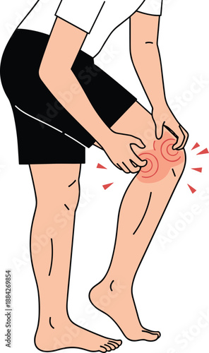 Knee pain cartoon illustration, joint discomfort pose, physical injury awareness, health condition graphic, medical symptom concept, flat vector illustration