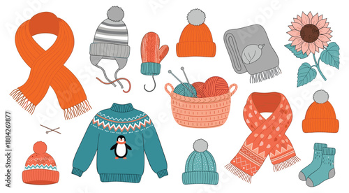 Knitted hats, scarves, mittens, socks, sweater, blanket, yarn basket, knitting needles, cozy winter accessories, handmade crafts - flat vector illustration