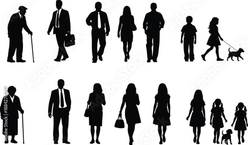 Human silhouettes, diverse people, walking figures, family group, elderly, children, dog walking, motion study, anatomy reference, flat vector illustration