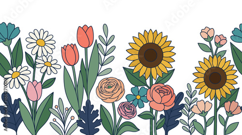 Colorful watercolor floral bouquet featuring sunflowers, tulips, roses and daisies in a garden-inspired illustration