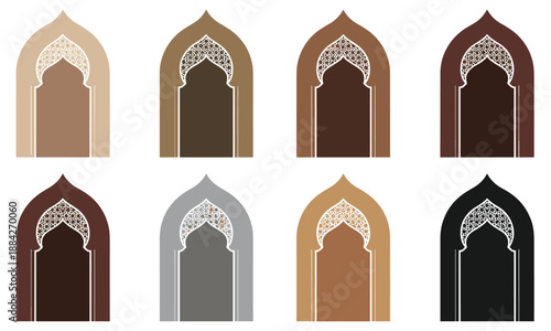 Islamic archway design set, traditional architecture motifs, ornamental patterns, cultural heritage art, symmetrical arches collection, flat vector illustration