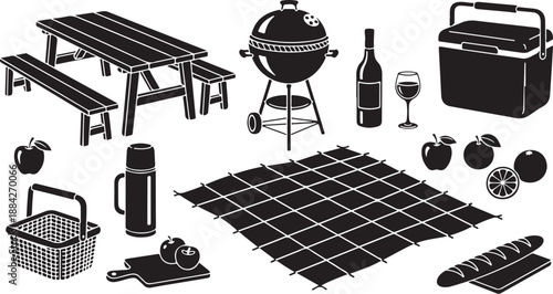 Picnic and barbecue outdoor setup with various items included