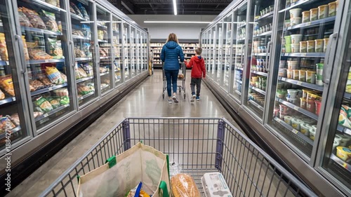 Wallpaper Mural Family shops for groceries in a supermarket aisle with frozen foods in view during the day Torontodigital.ca