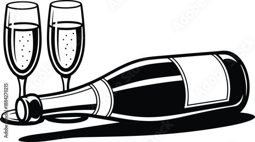 Elegant vector silhouette of a champagne bottle lying on its side next to two full flutes, symbolizing celebration, luxury event, anniversary, toast, or romantic holiday occasion.