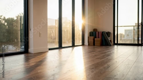 Wallpaper Mural Sunlight shines through large windows in a modern room with wooden flooring during late afternoon hours Torontodigital.ca