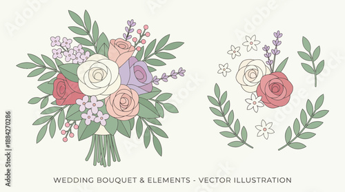 Pastel wedding bouquet illustration featuring roses and greenery, elegant floral arrangement for wedding decor vector art