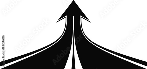Abstract Vector Graphic Showing Two Paths Merging Upward into a Single Strong Arrow, Illustrating Convergence, Unity, Strategy, or Rapid Ascent