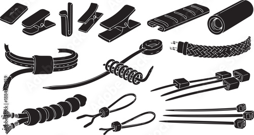 Collection of various black cord and cable organizers displayed