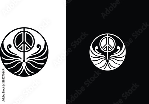 icons Peace symbol emblem with decorative wings and floral elements a stylized graphic for protest harmony and anti-war movements isolated on white and black backgrounds