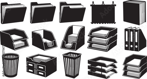 Office supplies and stationery items in black and white