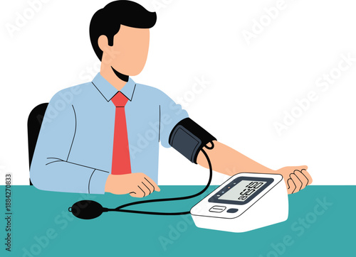 Man measuring blood pressure at desk, digital sphygmomanometer monitoring hypertension, healthcare checkup concept, flat medical illustration