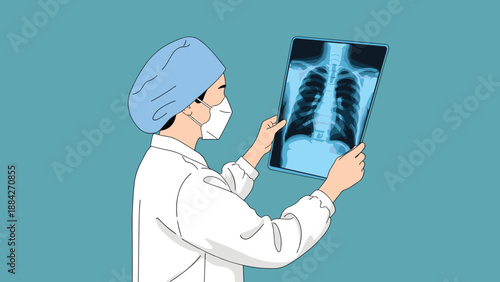 Medical professional examining chest X-ray, respiratory diagnosis concept, healthcare diagnostic process graphic, clinical setting illustration, flat vector illustration