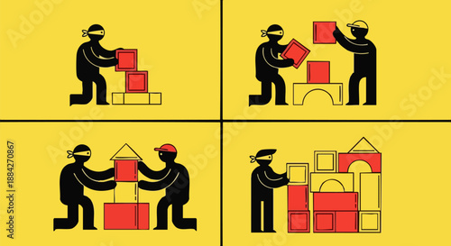 Blindfolded figure collaborating with another person to build stable structures using simple red and yellow blocks