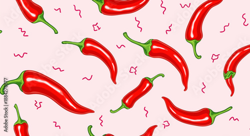 Vibrant seamless pattern featuring bright red chili peppers scattered across a soft pale pink background design.