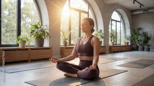 Wallpaper Mural Woman practicing yoga in a spacious studio with large windows and greenery during the afternoon light Torontodigital.ca