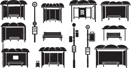 Black and white bus stop icons and signs collection