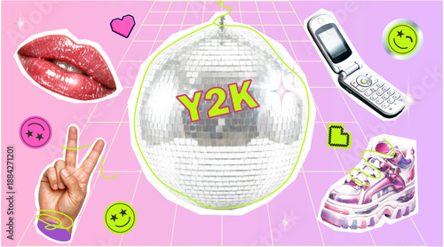 Y2K Aesthetic Collage Set with Retro 2000s Elements: Disco Ball, Flip Phone, and Fashion Accessories