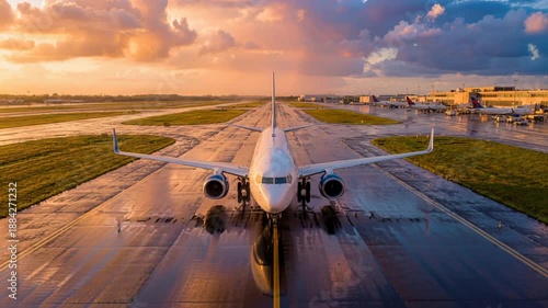 Wallpaper Mural Airplane on runway during sunset with clouds and reflections in the water at the airport Torontodigital.ca