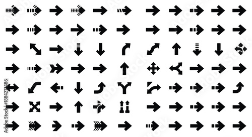 A comprehensive collection of black arrow icons in various styles and directions, suitable for user interface design and navigation elements.