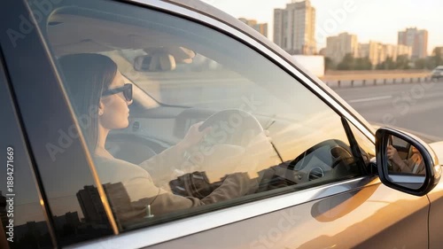 Wallpaper Mural Driving a car on a city road during sunset with a woman behind the wheel wearing sunglasses Torontodigital.ca