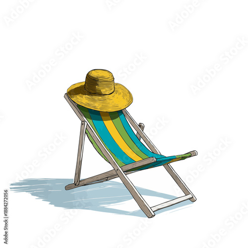 A vibrant beach chair stands alone, adorned with a colorful fabric. A straw hat rests casually on its surface, inviting visitors for a sunny day near the water.