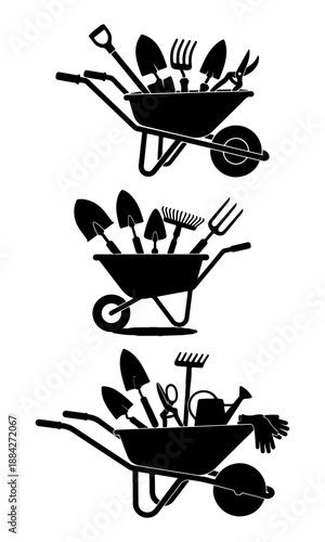 Garden tools silhouette, set of wheelbarrow vector, shovel vector design, wheel barrow silhouette art design