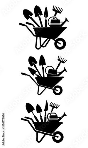 Garden tools silhouette, set of wheelbarrow vector, shovel vector design, wheel barrow silhouette art design