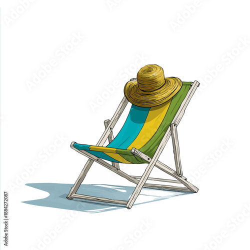 A vibrant beach chair stands alone, adorned with a colorful fabric. A straw hat rests casually on its surface, inviting visitors for a sunny day near the water.