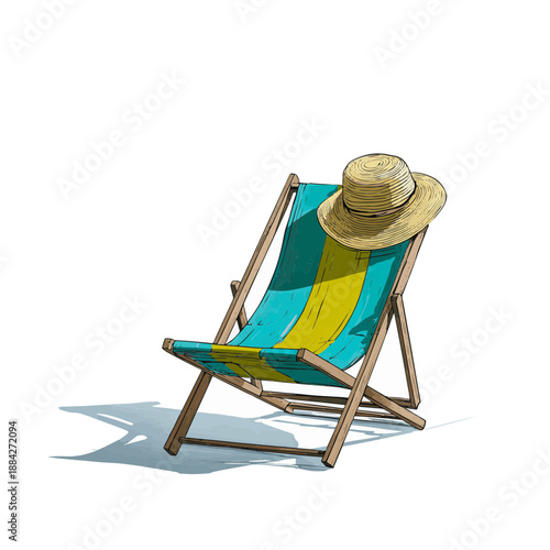 A vibrant beach chair stands alone, adorned with a colorful fabric. A straw hat rests casually on its surface, inviting visitors for a sunny day near the water.