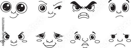 Cartoon Emoji Face Expressions Pack, Black and White Vector Style
