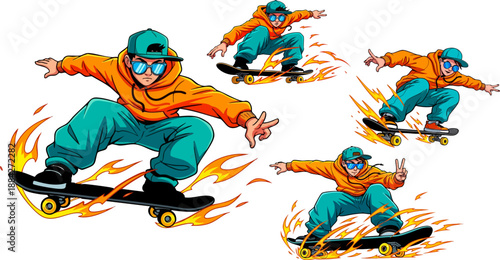 Dynamic collection of pixel art skateboarders performing extreme tricks surrounded by intense digital fire effects