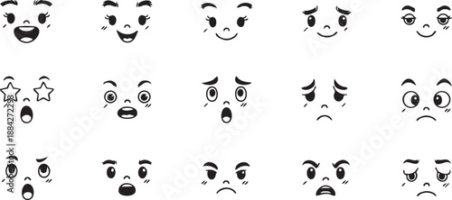 Cartoon Emoji Face Expressions Pack, Black and White Vector Style