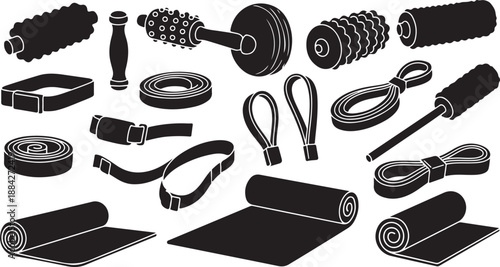 Black and white illustration of various fitness equipment tools