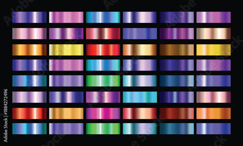 Large collection of metallic color gradient swatches and palette bars for graphic design