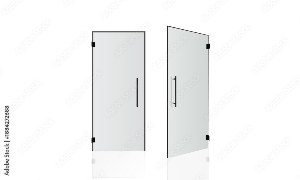 Fototapeta premium Modern tempered glass swing door with minimal frameless design isolated on white background for bathroom office interior architecture renovation and contemporary space