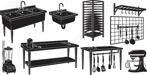 Black and white kitchen utensils and appliances illustration set