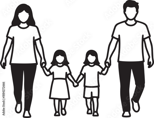 Family walking together holding hands – Lifestyle line art vector illustration