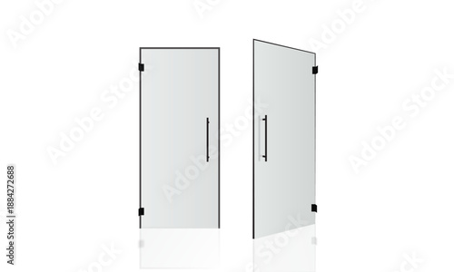 Modern tempered glass swing door with minimal frameless design isolated on white background for bathroom office interior architecture renovation and contemporary space