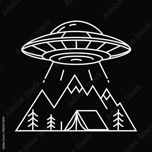 Minimalist line art of UFO flying saucer hovering over mountain range and forest