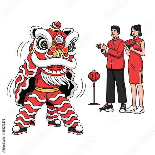A vibrant illustration of a traditional Chinese lion dance performance with a man and woman in traditional attire watching, celebrating a cultural event.