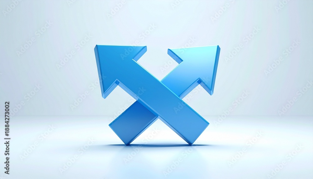Fototapeta premium “Glossy blue 3D arrows crossing in X shape on reflective surface with gradient light blue background”