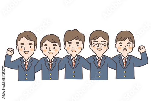 肩を組んでガッツポーズする制服姿の男子高校生5人