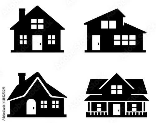Simple house icon set featuring various residential building designs for real estate concepts