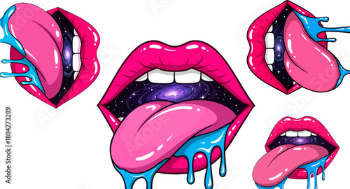 Psychedelic open mouth illustrations featuring bright pink lips extended tongues and galaxy interiors