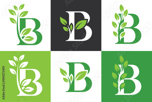 Letter B nature logo set with green leaves for eco branding