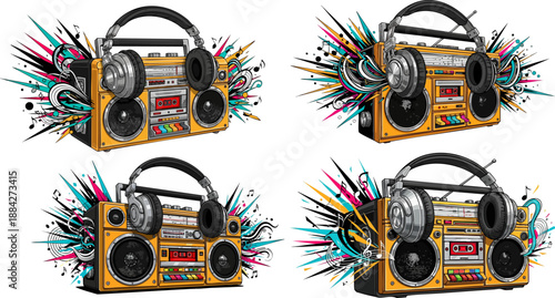 Vintage yellow boombox illustrations paired with modern headphones explode with vibrant abstract graphic sound energy designs.