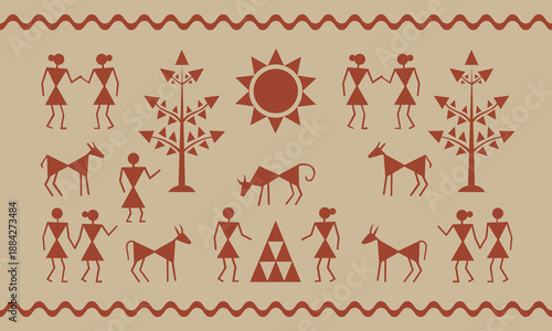 Warli Folk Tribal Art for Odisha or Maharashtra Tribal Stick Figures Indian tradition tribal art vector