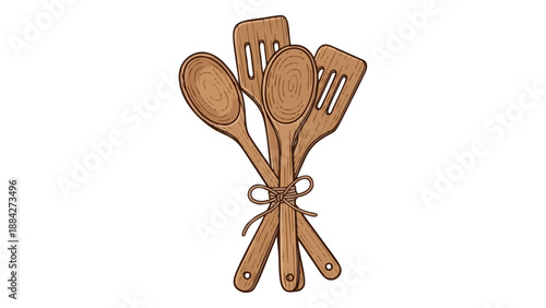 Hand Drawn Wooden Kitchen Utensils Bundle Tied with Twine on White Background