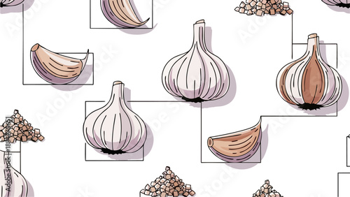 Minimalist Seamless Pattern of Hand Drawn Garlic Bulbs and Cloves on White Background